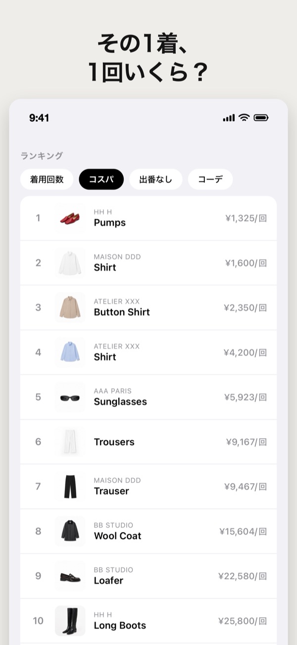 その1着、1回いくら？ コスパのランキング画面
